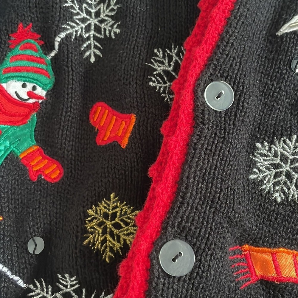 Vintage Nutcracker black button up ugly Christmas sweater cardigan snowman sz L - Picture 5 of 16